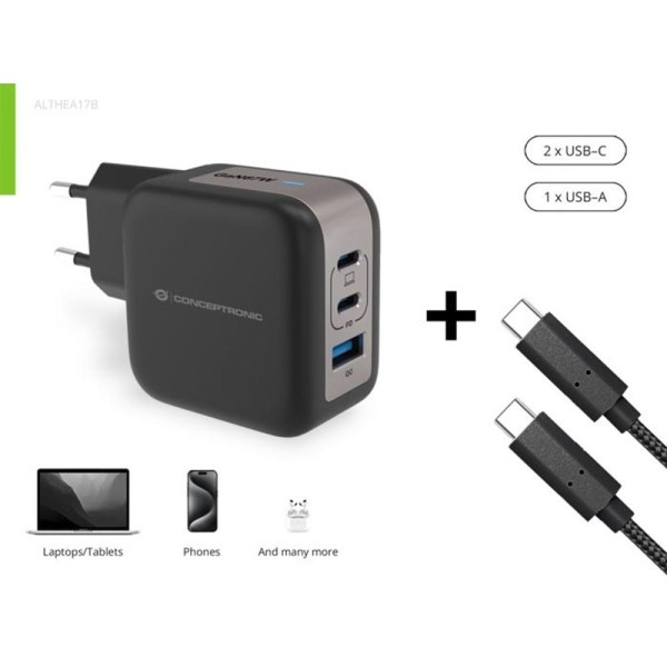 Cargador de pared conceptronic althea17b 67w 2x usb tipo c 1x usb tipo a