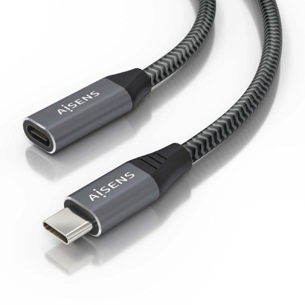 Cable Alargador USB 3.2 Aisens A107-0761/ USB Tipo-C Macho - USB Tipo-C Hembra/ Hasta 100W/ 20Gbps/ 1.5m/ Gris