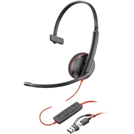 Auricular Poly Blackwire 3210 + Adaptador USB-C/A/ con Micrófono/ USB Tipo-C/ Negro