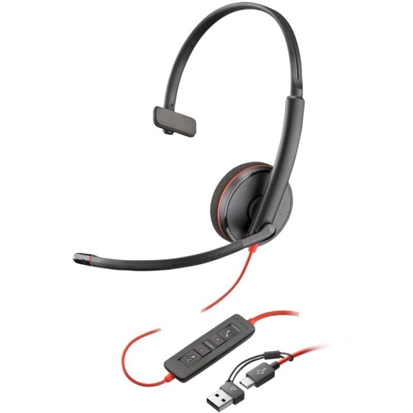 Auricular Poly Blackwire 3210 + Adaptador USB-C/A/ con Micrófono/ USB Tipo-C/ Negro
