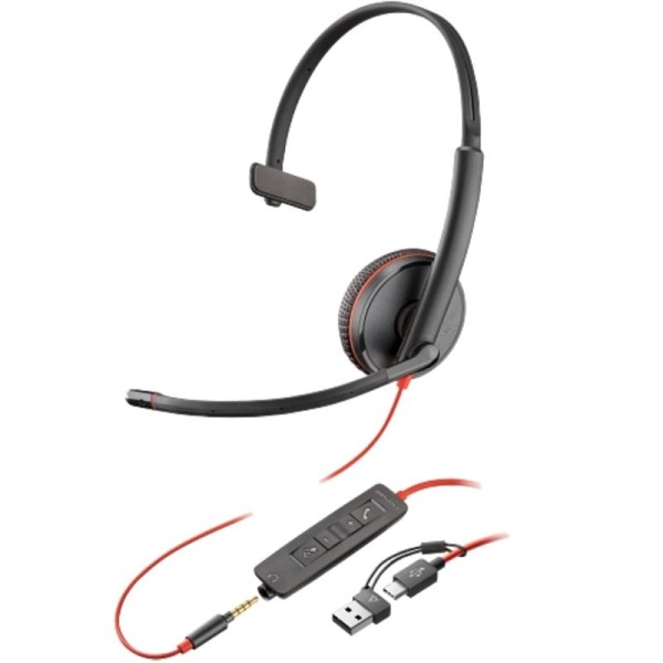 Auricular Poly Blackwire 3215 + Adaptador USB-C/A/ con Micrófono/ Jack 3.5mm/ Negro