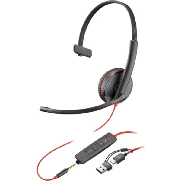Auricular Poly Blackwire 3215 + 3.5mm + Adaptador USB-C/A/ con Micrófono/ Jack 3.5 - USB Tipo-C/ Bulk/ Negro