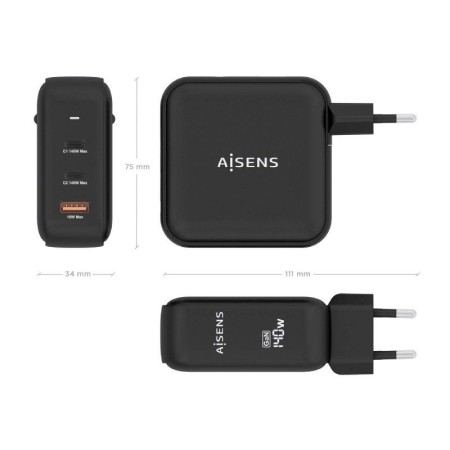 Cargador Gan de Pared Aisens ASCH-140W3P031-BK/ 2xUSB Tipo-C/ 1xUSB/ 140W