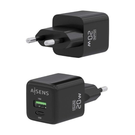 Cargador Gan de Pared Aisens ASCH-20W2P011-BK/ 1xUSB Tipo-C/ 1xUSB/ 20W