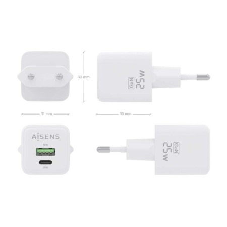 Cargador Gan de Pared Aisens ASCH-25W2P014-W/ 1xUSB Tipo-C/ 1xUSB/ 25W