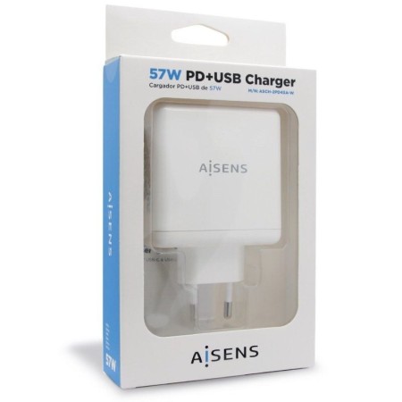 Cargador de Pared Aisens ASCH-2PD45A-W/ 1xUSB Tipo-C/ 1x USB/ 57W