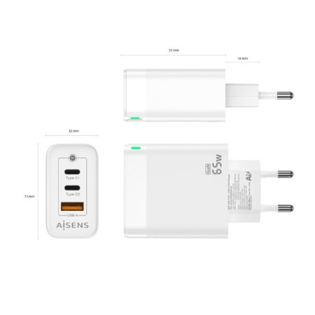 Cargador Gan de Pared Aisens ASCH-65W3P007-W/ 2xUSB Tipo-C/ 1x USB/ 65W