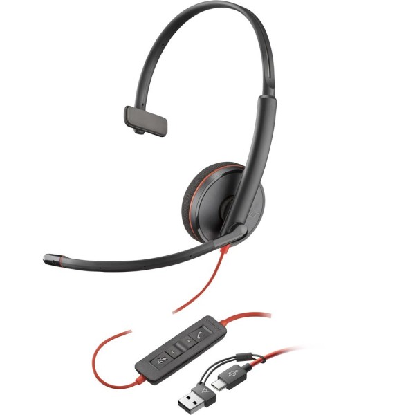 Auriculares poly monoaurales blackwire 3210 usb - c + adaptador usb - c - a