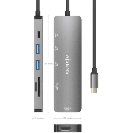 Docking USB Tipo-C Aisens ASUC-6P016-GR/ 1xHDMI/ 2xUSB/ 1xLector Tarjetas/ 1xUSB Tipo-C PD/ Gris