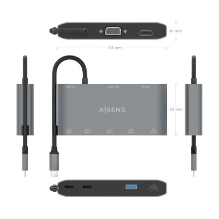 Docking USB Tipo-C Aisens ASUC-8P010-GR/ 1xHDMI/ 1xVGA/ 2xUSB/ 1xRJ45/ 2xUSB Tipo-C/ 1xUSB Tipo-C PD/ Gris