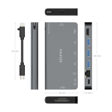 Docking USB Tipo-C Aisens ASUC-8P015-GR/ 1xHDMI/ 3xUSB/ 1xRJ45/ 1xLector Tarjetas / 1xUSB Tipo-C/ Gris