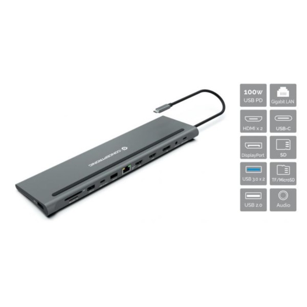 Docking station conceptronic usb tipo c donn17g 2 x hdmi - 1 x dp - 2 x usb 3.0 - 1 x usb 2.0 - 1 x rj45 - 1 x aux - lector sd -