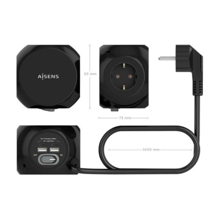 Regleta con Interruptor Aisens ASPS-2A2C05-BK/ 3 Tomas de Corriente/ 2 USB Tipo-C/ 2 USB/ Cable 1.4m/ Negro