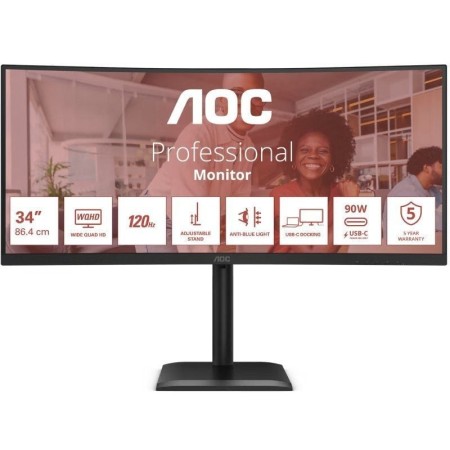 Monitor Profesional Ultrapanorámico Curvo AOC CU34E4CV 34″/ WQHD/ Multimedia/ Regulable en altura/ Negro