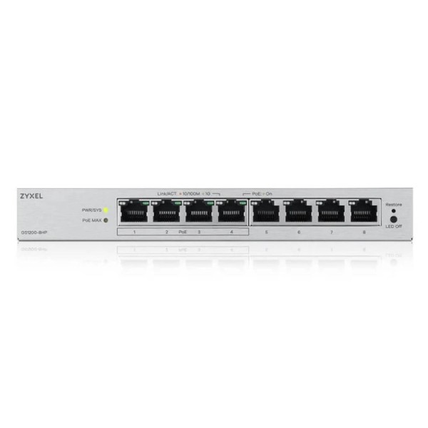 Switch 8 puertos zyxel gs1200 - 8hpv3 8xgb (4xpoe+) 68w