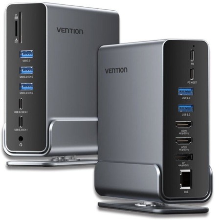 Docking USB Tipo-C Vention TPUH0/ 2xHDMI 4K/ 1xDisplayPort/ 3xUSB Tipo-C/ 5xUSB/ 1xRJ45/ 1xLector de Tarjetas/ 1xJack 3.5/ 1xUSB