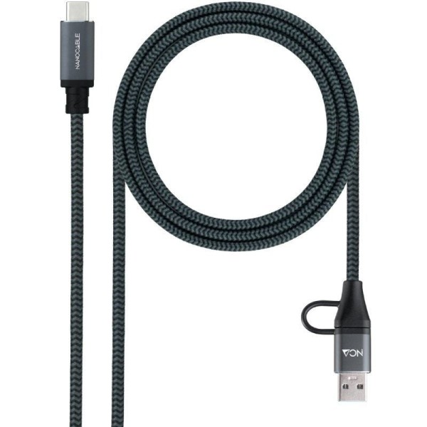Cable USB 3.2 Tipo-C Nanocable 10.01.4111-COMB/ USB Tipo-C Macho + USB Macho - USB Tipo-C Macho/ Hasta 100W/ 20Gbps/ 1m/ Gris y 