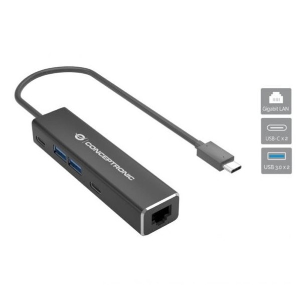 Adaptador usb tipo c a rj45 conceptronic macho - hembra  hub 4 en 1