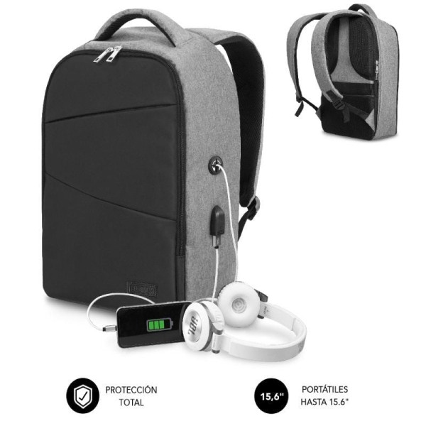 Mochila Subblim Secure V2 AP para Portátiles hasta 15.6″/ Puerto USB/ Antirrobo/ Gris