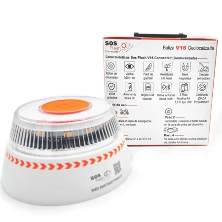 Luz baliza de emergencia para coche SOS Flash V16 Connected IoT BAL/2/ Homologada/ Base Imantada/ Geolocalizable/ Funciona a Pil