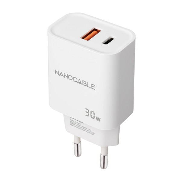 Cargador nanocable usb - c - pd  usb - a - qc 30w blanco