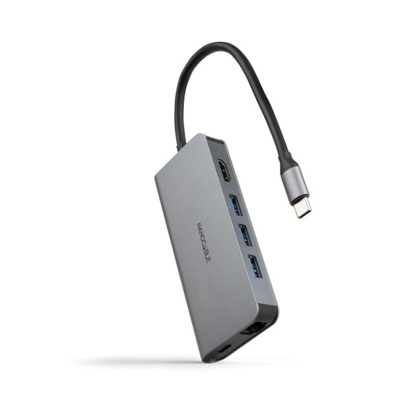 Hub nanocable usb - c 8 en 1 conversor usb - c 3.1 a 3xusb - a 3.0  hdmi 4k@60hz  usb - c pd  rj45 1gbps  tf  sd aluminio gris 1