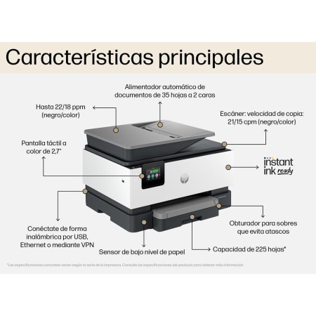 Multifuncion inyeccion hp officejet pro 9125e color fax - a4 - 22ppm - usb - red - wifi - duplex todas las funciones