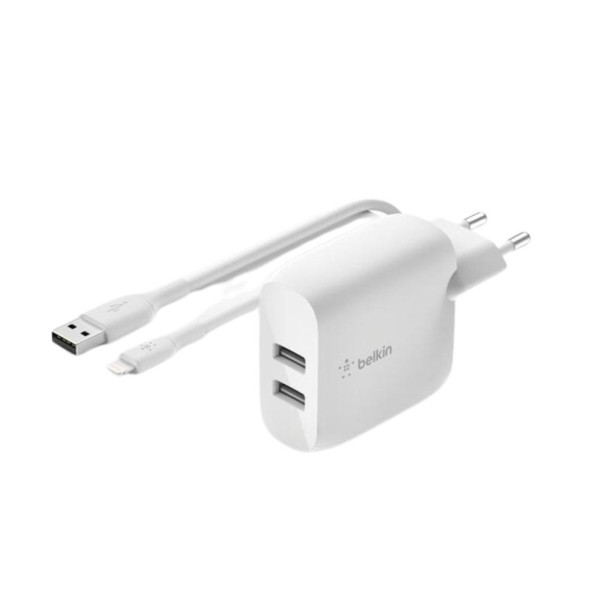 Cargador belkin wcd001vf1mwh 24w 2x usb tpo a  cable lightning a usb tipo a 1m