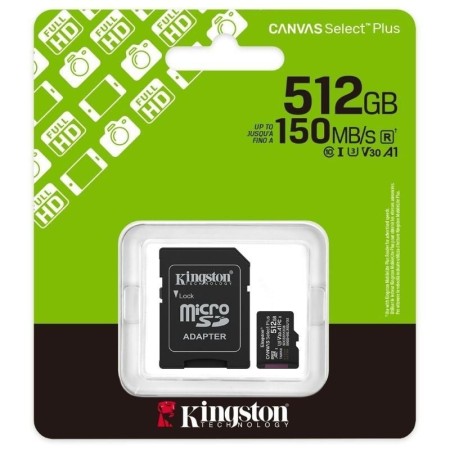 Tarjeta memoria micro secure digital sdxc 512gb kingston canvas select plus clase 10 uhs - 1 + adaptador sd