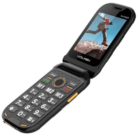 Telefono movil volfen ranger tipo concha negro - amarillo base de carga