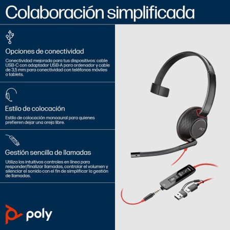 Auricular poly blackwire 5210 usb tipo c negro