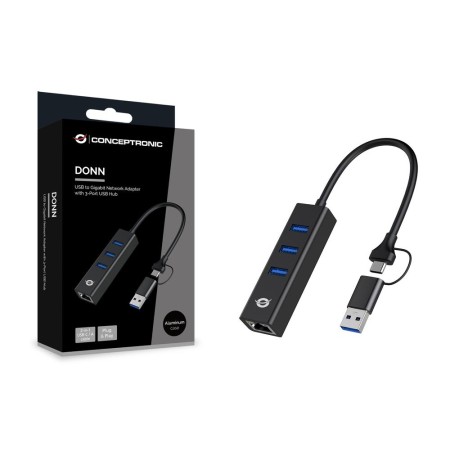 Adaptador conceptronic usb a gigabit ethernet rj45 - con hub usb 3.0 - 3 puertos - adaptador usb - c