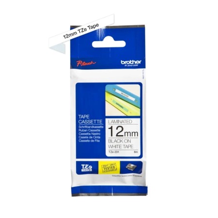 Cinta laminada brother tze231 12mm x 8m blanco - negro pt - 1000 - pt - 1005f - pt - 1010 - pt - 1090 - pt - 1280dt - pt - 1280v