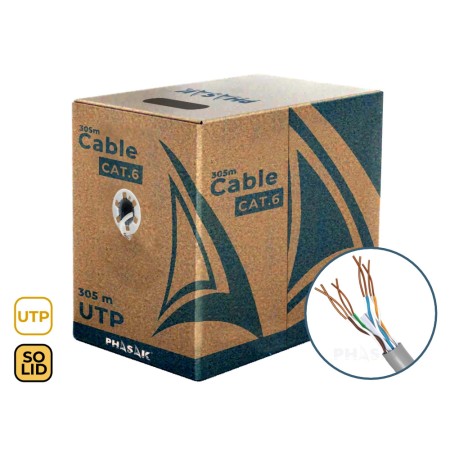 Bobina cable red solido phasak utp cat.6 awg23 cca 305m gris phr 6302