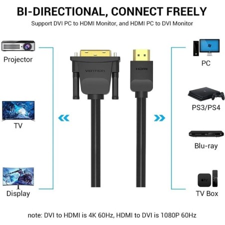 Cable Conversor Vention ABFBI/ DVI Macho - HDMI Macho/ 3m/ Negro