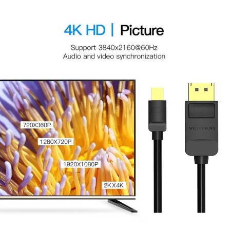 Cable Mini DisplayPort 1.4 4K Vention HAABH/ Mini DisplayPort Macho - DisplayPort Macho/ 2m/ Negro