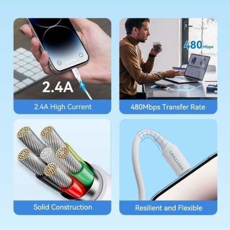 Cable USB 2.0 Lightning Vention LAIWF/ USB Macho - Lightning Macho/ 480Mbps/ 1m/ Blanco