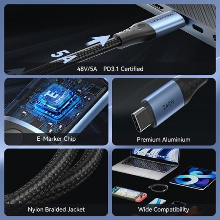 Cable USB 2.0 Tipo-C 5A Vention TREBF/ USB Tipo-C Macho - USB Tipo-C Macho/ Hasta 240W/ 480Mbps/ 1m/ Azul y Negro