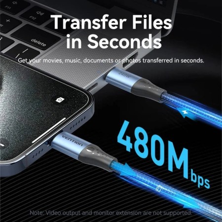 Cable USB 2.0 Tipo-C 5A Vention TREBF/ USB Tipo-C Macho - USB Tipo-C Macho/ Hasta 240W/ 480Mbps/ 1m/ Azul y Negro