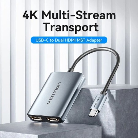 Cable Conversor Vention ACZHB/ USB Tipo-C Macho - 2x HDMI Macho/ Gris