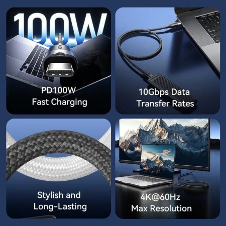 Cable USB 3.2 Tipo-C 5A Vention TRGBD/ USB Tipo-C Macho - USB Tipo-C Macho/ Hasta 100W/ 10Gbps/ 50cm/ Negro