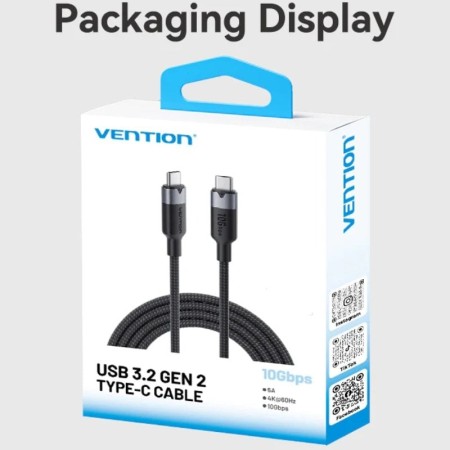 Cable USB 3.2 Tipo-C 5A Vention TRGBD/ USB Tipo-C Macho - USB Tipo-C Macho/ Hasta 100W/ 10Gbps/ 50cm/ Negro