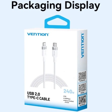 Cable USB 2.0 Tipo-C 5A Vention TRIPH/ USB Tipo-C Macho - USB Tipo-C Macho/ Hasta 240W/ 480Mbps/ 2m/ Rosa