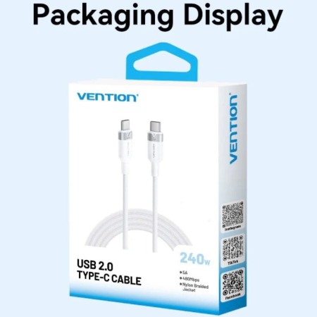 Cable USB 2.0 Tipo-C 5A Vention TRIBF/ USB Tipo-C Macho - USB Tipo-C Macho/ Hasta 240W/ 480Mbps/ 1m/ Negro