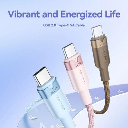 Cable USB Tipo-C 2.0 5A Vention TRIWH/ USB Tipo-C Macho - USB Tipo-C Macho/ Hasta 240W/ 480Mbps/ 2m/ Blanco