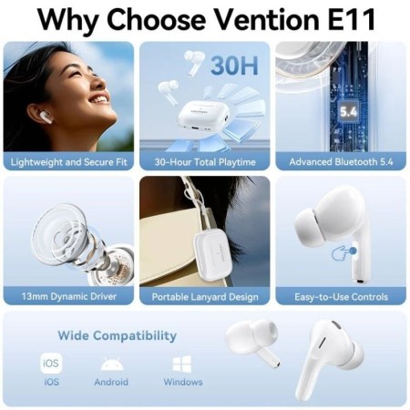 Auriculares Bluetooth Vention Echo Lite E11 con estuche de carga/ Autonomía 6h/ Blancos