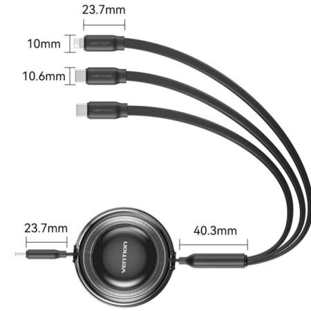 Cable USB Tipo-C 2.0 5A Vention TRKBBE/ USB Tipo-C Macho - 3x USB Tipo-C Macho/ Hasta 100W/ 480Mbps/ 1.1m/ Negro