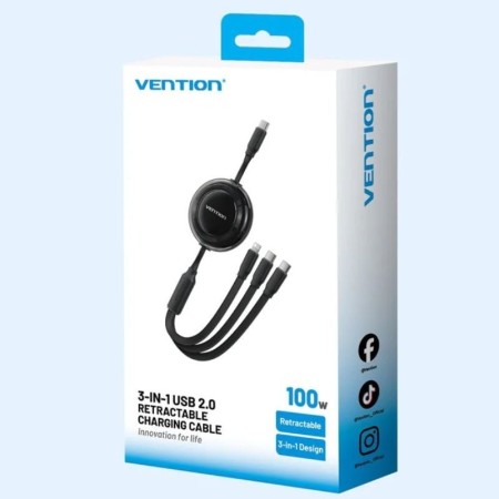 Cable USB Tipo-C 2.0 5A Vention TRKBBE/ USB Tipo-C Macho - 3x USB Tipo-C Macho/ Hasta 100W/ 480Mbps/ 1.1m/ Negro