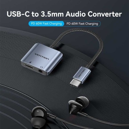 Adaptador Audio Vention BIGHA/ USB Tipo-C Macho - Jack 3.5 Hembra/ USB Tipo-C PD Hembra/ Gris