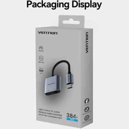Adaptador Audio Vention BIGHA/ USB Tipo-C Macho - Jack 3.5 Hembra/ USB Tipo-C PD Hembra/ Gris